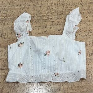 White Floral Eyelet Crop Top with Ruffle Straps